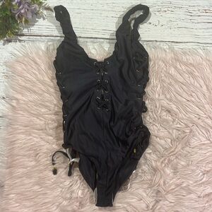 NWT House Of CB Indochine Black lush Lace Up One Piece Swimsuit